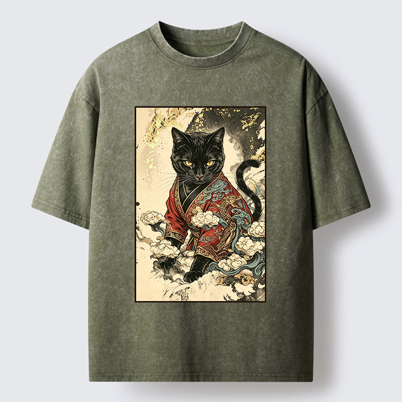 Tokyo‑Tiger Traditional Robe Cat Art Washed T‑Shirt