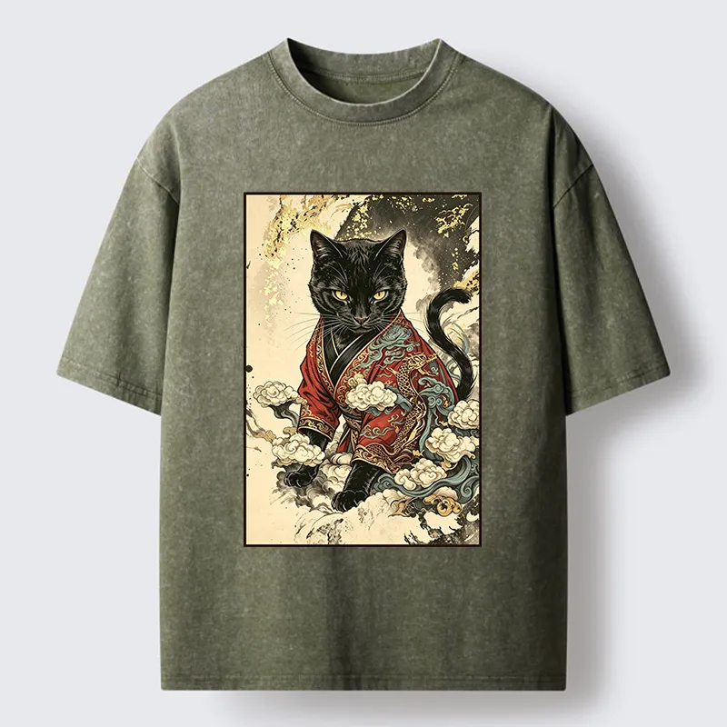 Tokyo‑Tiger Traditional Robe Cat Art Washed T‑Shirt