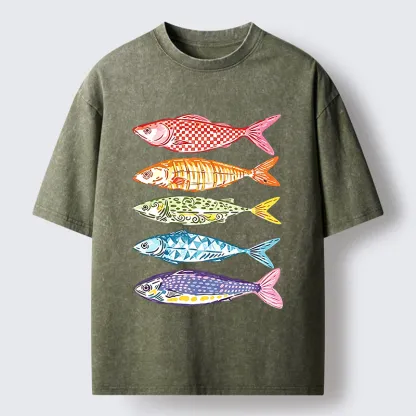 Tokyo‑Tiger Colorful Multi Pattern Fish Washed T‑Shirt