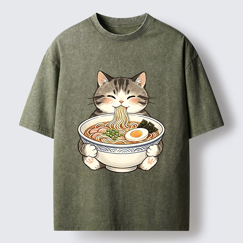 Tokyo‑Tiger Funny Cat Ramen Meme Washed T‑Shirt