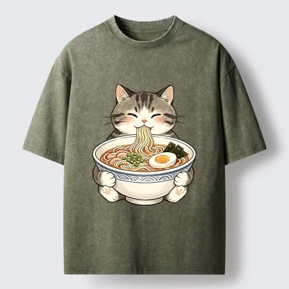 Tokyo‑Tiger Funny Cat Ramen Meme Washed T‑Shirt