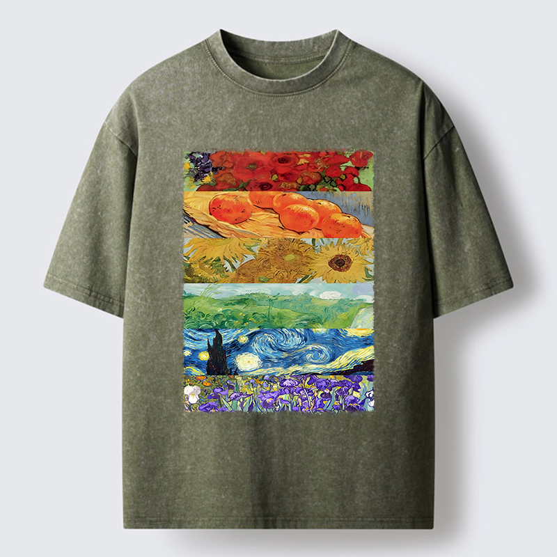 Tokyo‑Tiger Van Gogh Floral Scene Art Washed T‑Shirt
