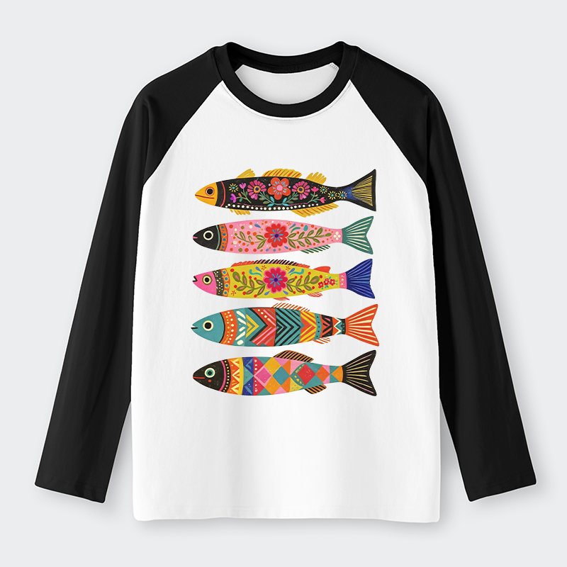 Tokyo-Tiger Colorful Patterned Fish Raglan Long Sleeve T-shirt