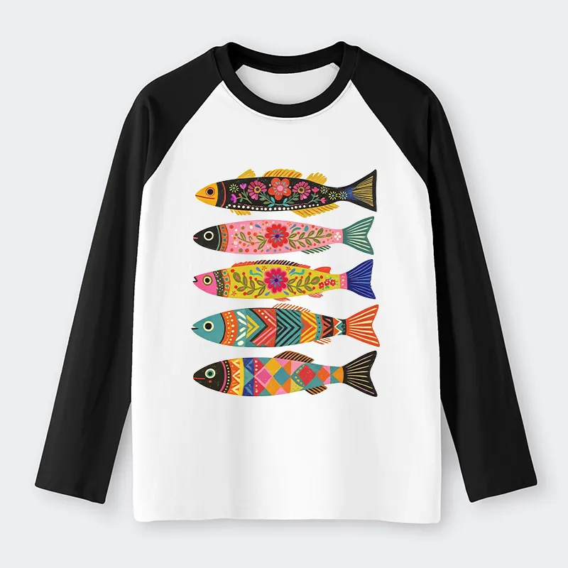 Tokyo-Tiger Colorful Patterned Fish Raglan Long Sleeve T-shirt