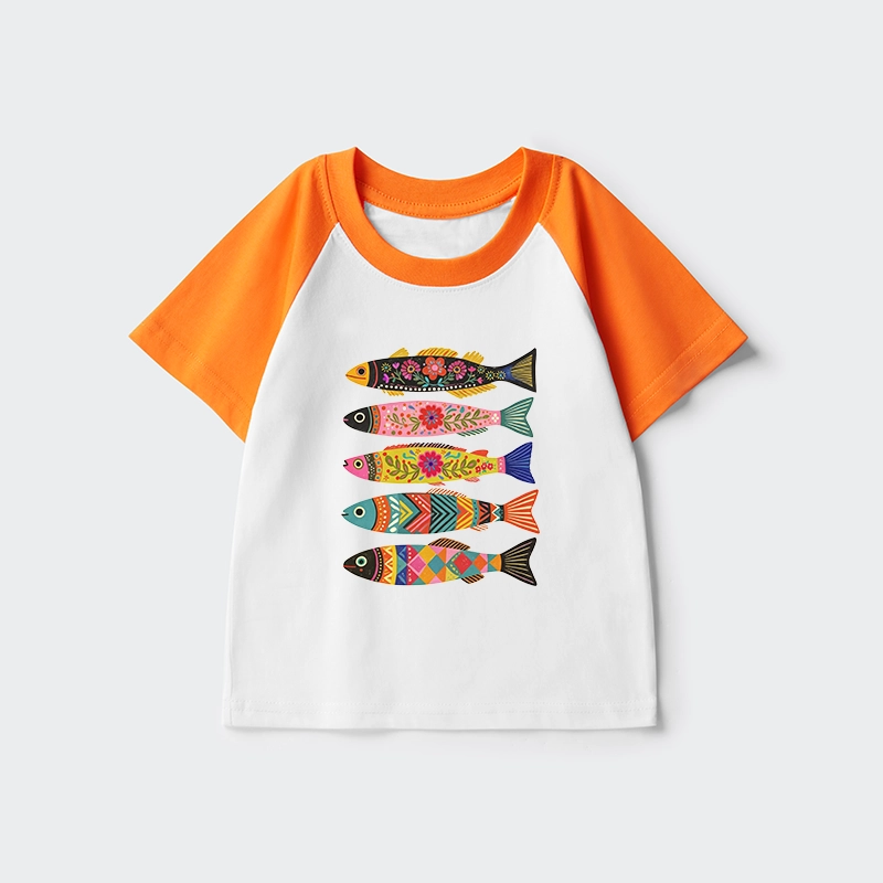 Tokyo-Tiger Colorful Patterned Fish Kids Raglan T-shirt