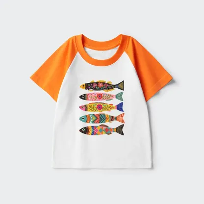 Tokyo-Tiger Colorful Patterned Fish Kids Raglan T-shirt