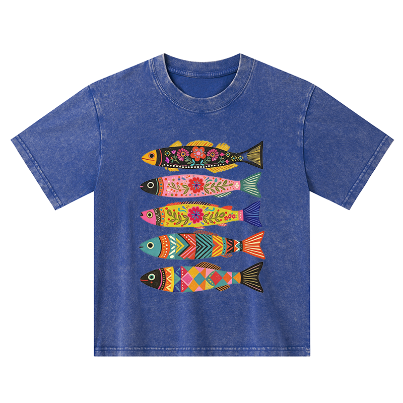 Tokyo-Tiger Colorful Patterned Fish Kids Washed T-Shirt