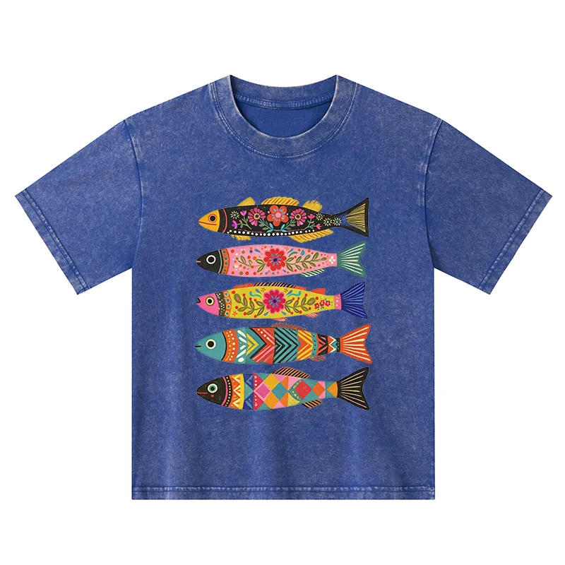 Tokyo-Tiger Colorful Patterned Fish Kids Washed T-Shirt