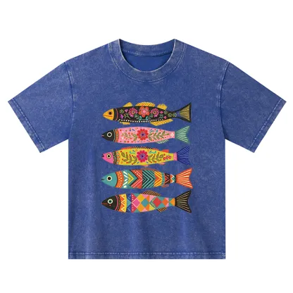 Tokyo-Tiger Colorful Patterned Fish Kids Washed T-Shirt