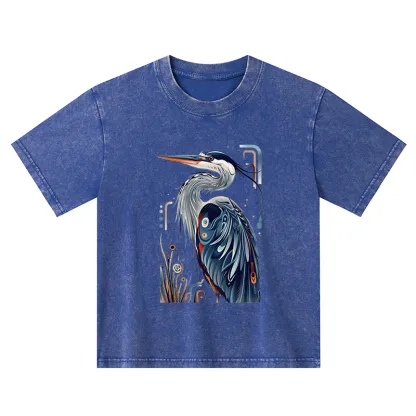 Tokyo-Tiger Stylish Blue Heron Kids Washed T-Shirt