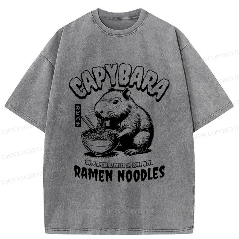 Tokyo-Tiger Retro Capybara Eating Ramen Washed T-Shirt