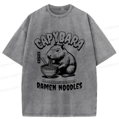 Tokyo-Tiger Retro Capybara Eating Ramen Washed T-Shirt