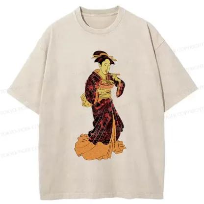 Tokyo-Tiger Geisha Eating Ramen Washed T-Shirt