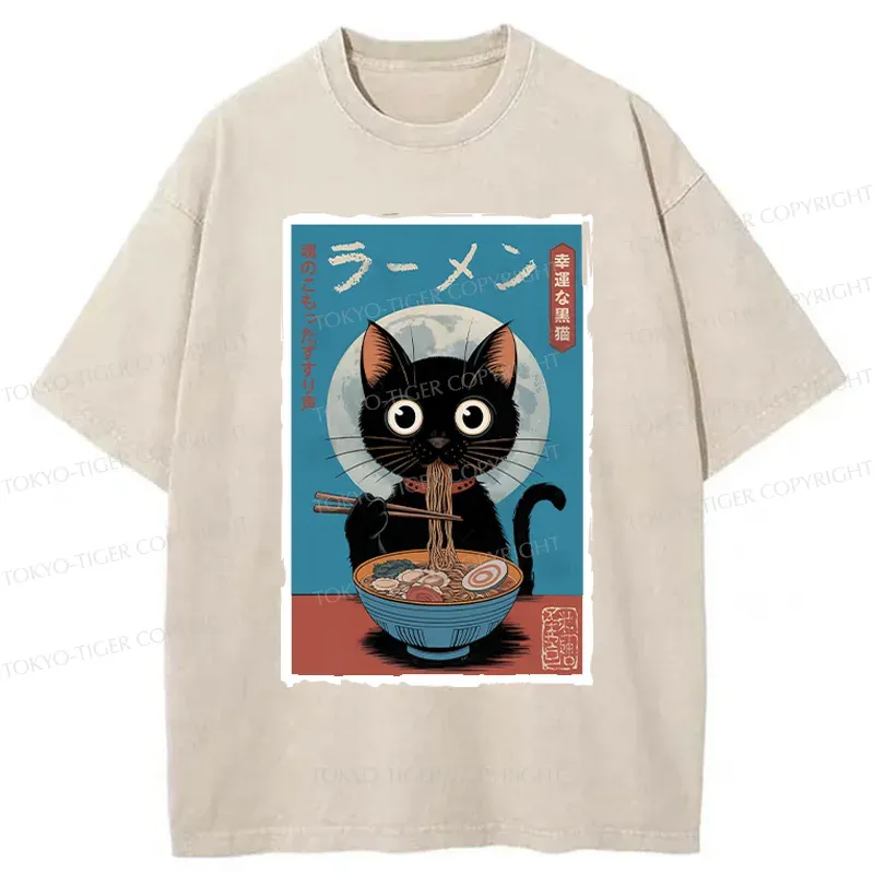 Tokyo-Tiger Black Cat Eating Delicious Ramen Washed T-Shirt