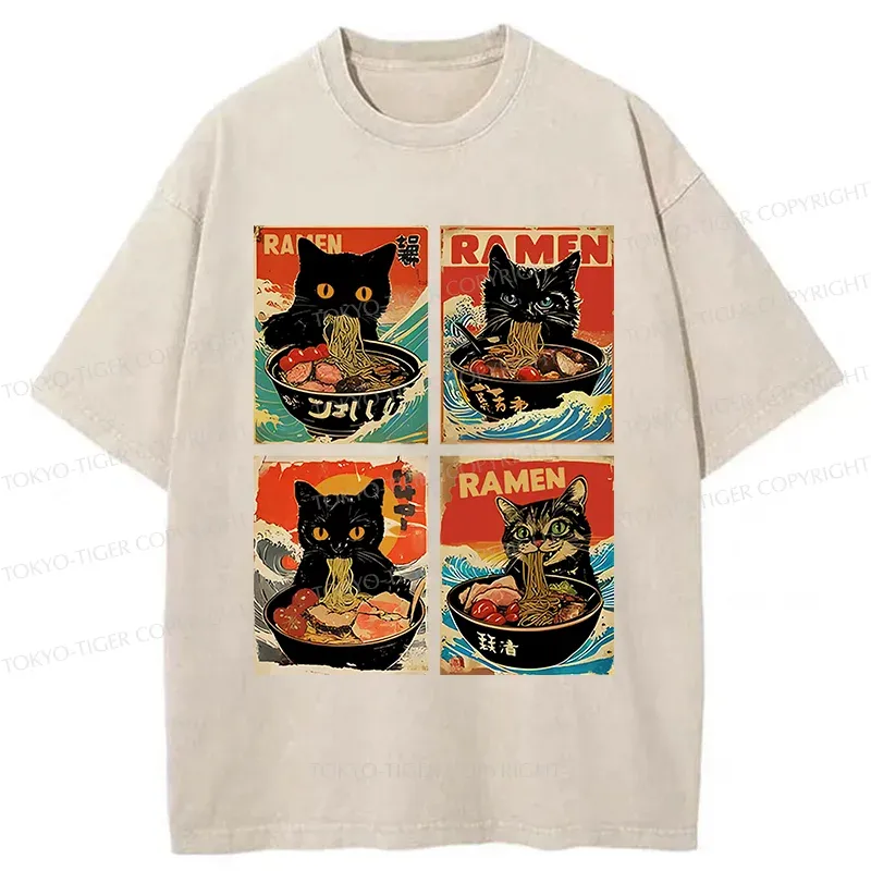 Tokyo-Tiger Four Cats Eating Ramen Washed T-Shirt
