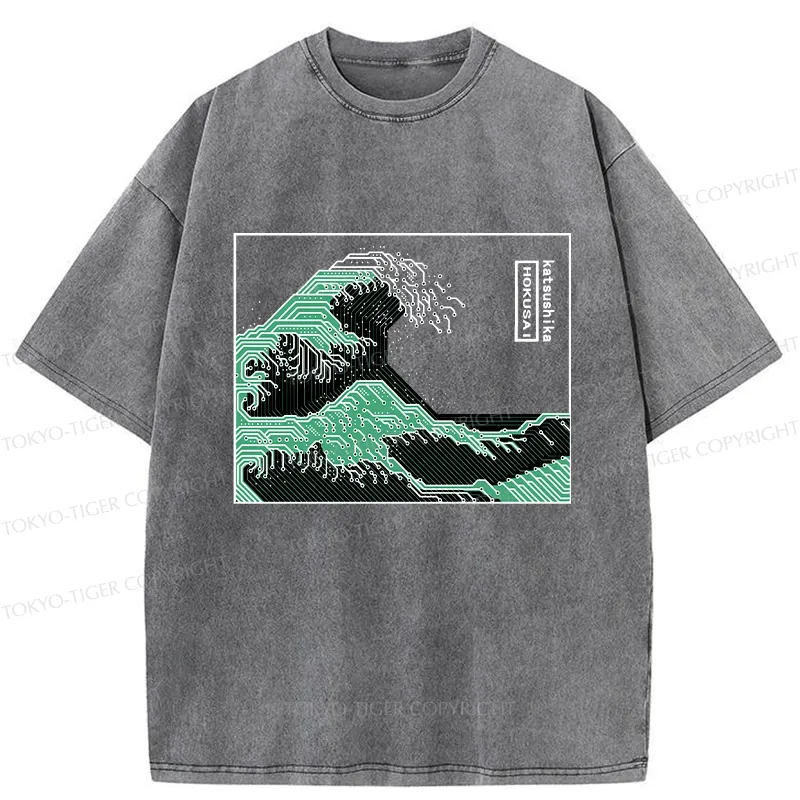 Tokyo-Tiger Wave Of Circuit Board Washed T-Shirt