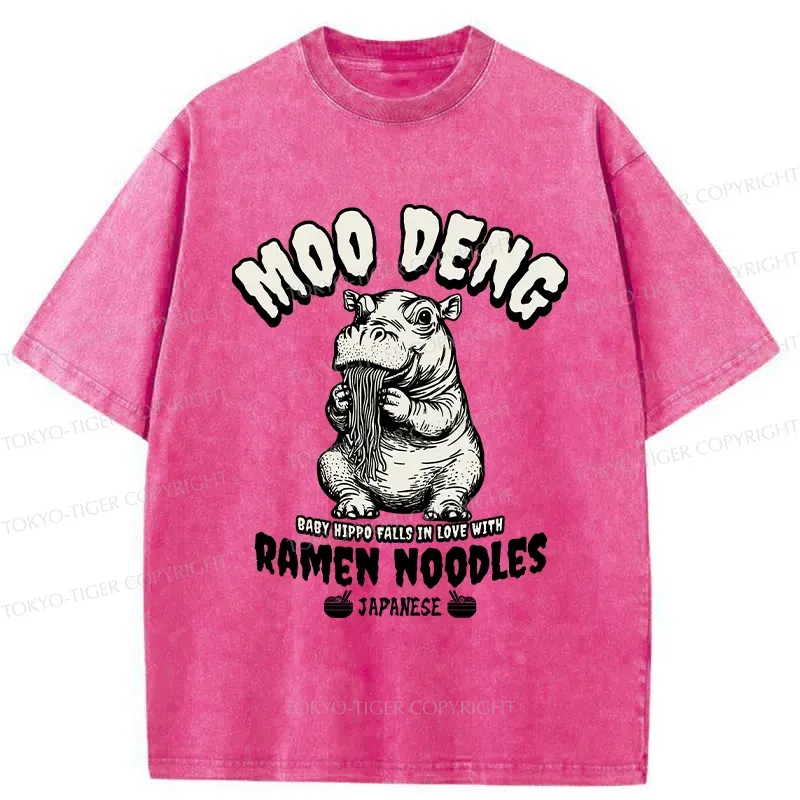 Tokyo-Tiger Moo Deng Eating Ramen Funny Washed T-Shirt