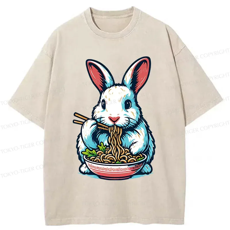 Tokyo-Tiger Easter Bunny Eating Ramen Washed T-Shirt