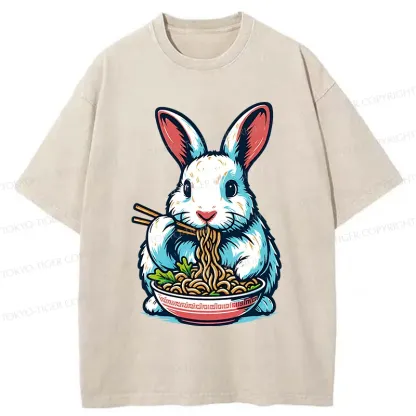 Tokyo-Tiger Easter Bunny Eating Ramen Washed T-Shirt