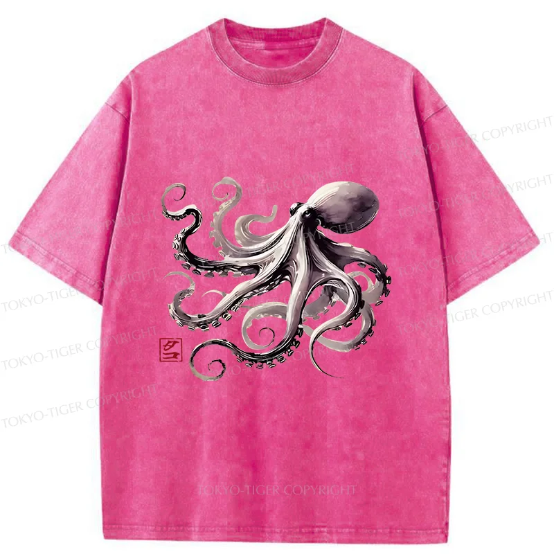 Tokyo-Tiger Retro Japanese Octopus Washed T-Shirt
