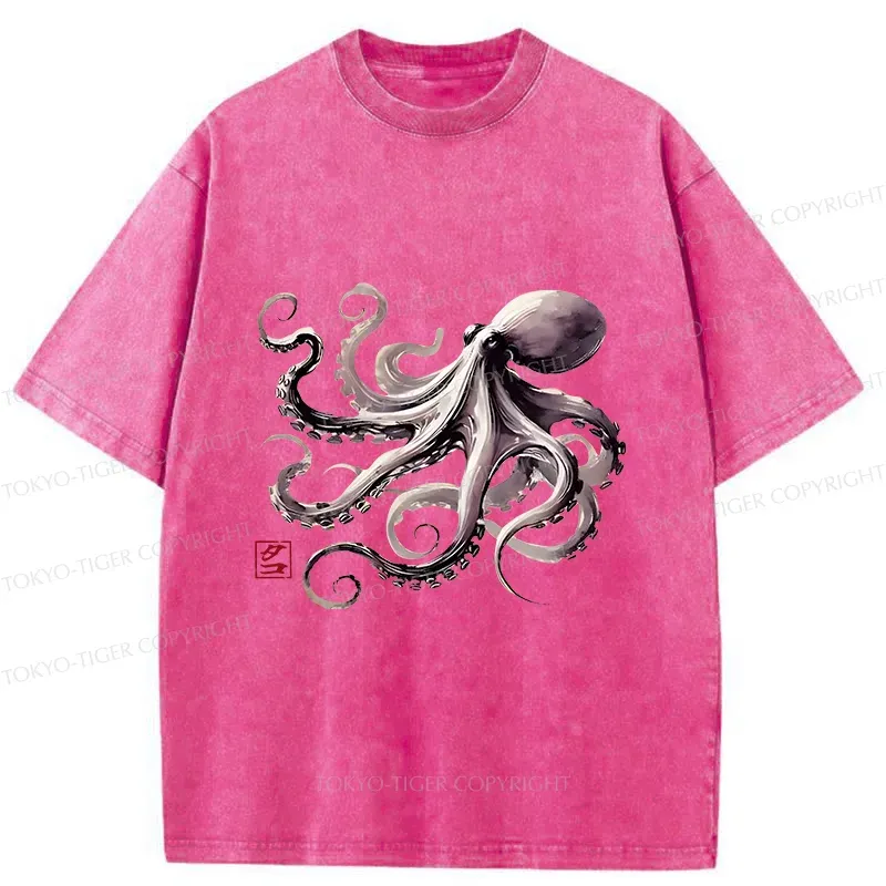 Tokyo-Tiger Retro Japanese Octopus Washed T-Shirt