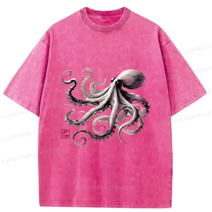 Tokyo-Tiger Retro Japanese Octopus Washed T-Shirt