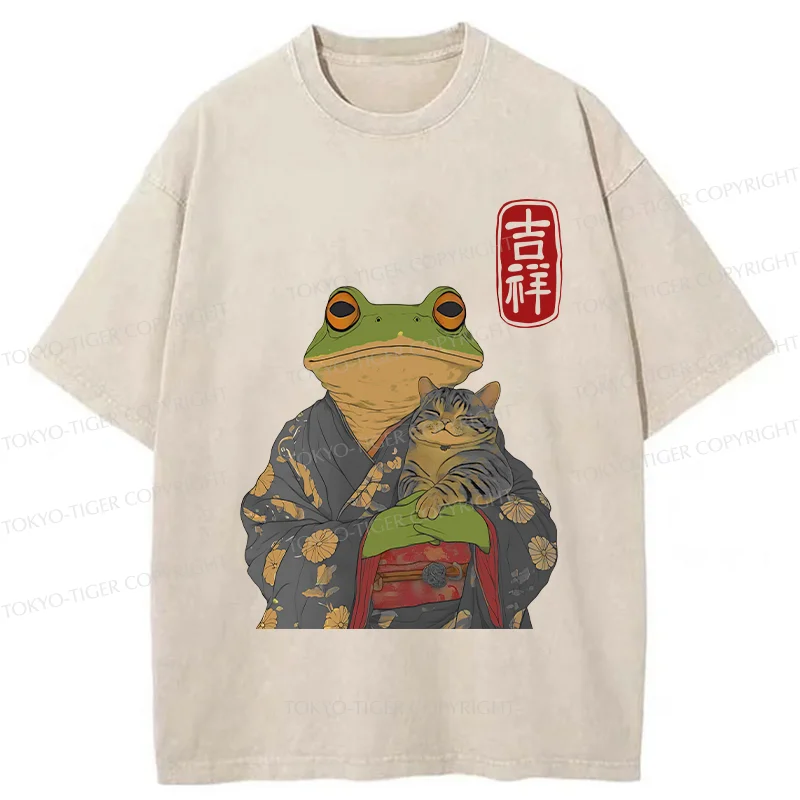 Tokyo-Tiger Frog Hugging Cat Washed T-Shirt