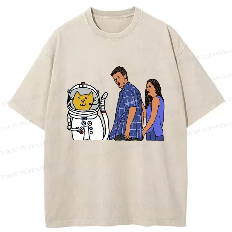 Tokyo-Tiger Funny Astronaut Cat Washed T-Shirt