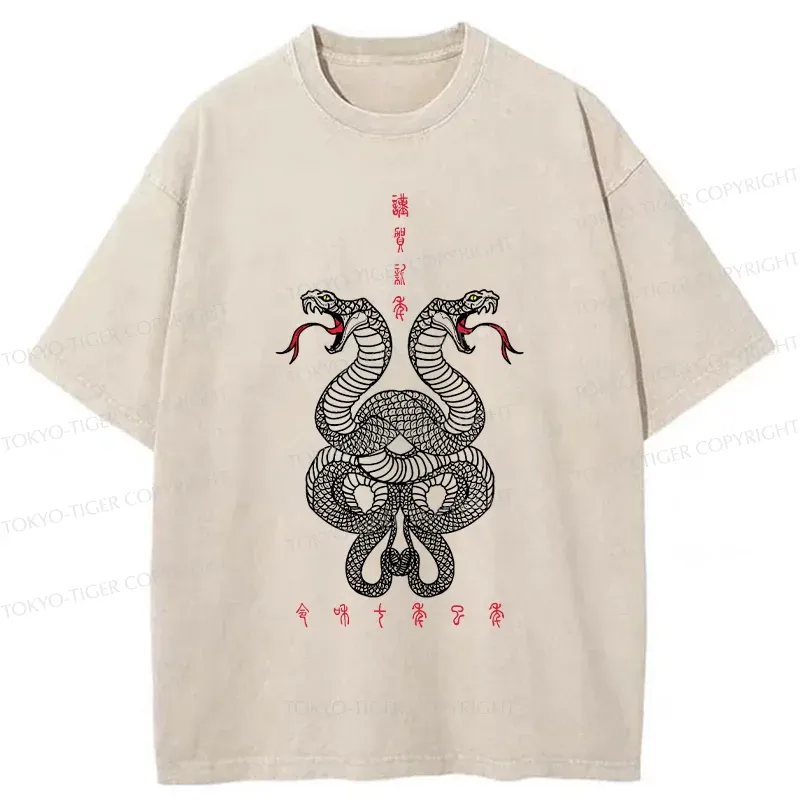 Tokyo-Tiger Double Snakes Encircling Washed T-Shirt