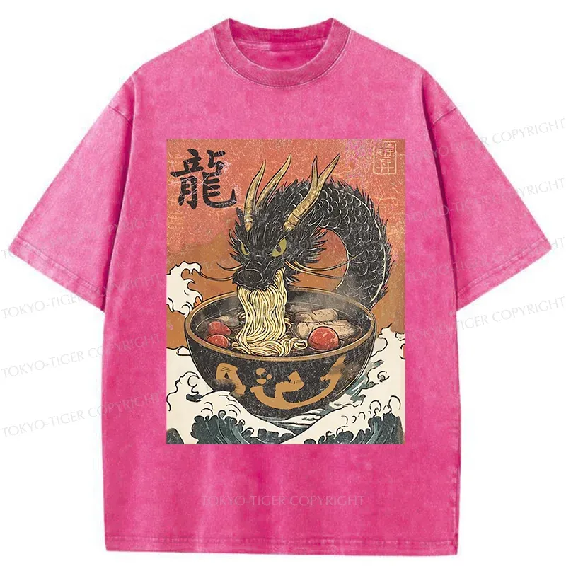 Tokyo-Tiger Dragon Eating Delicious Ramen Washed T-Shirt