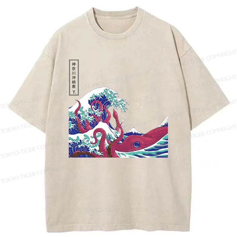 Tokyo-Tiger Octopus And Waves Washed T-Shirt