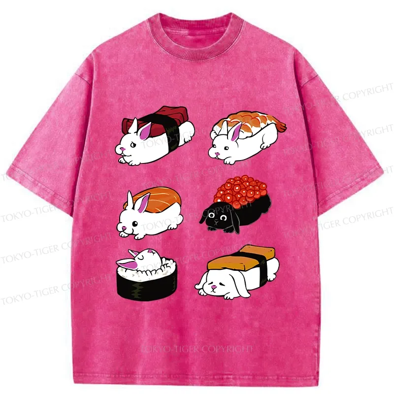 Tokyo-Tiger Cute Rabbit Sushi Washed T-Shirt