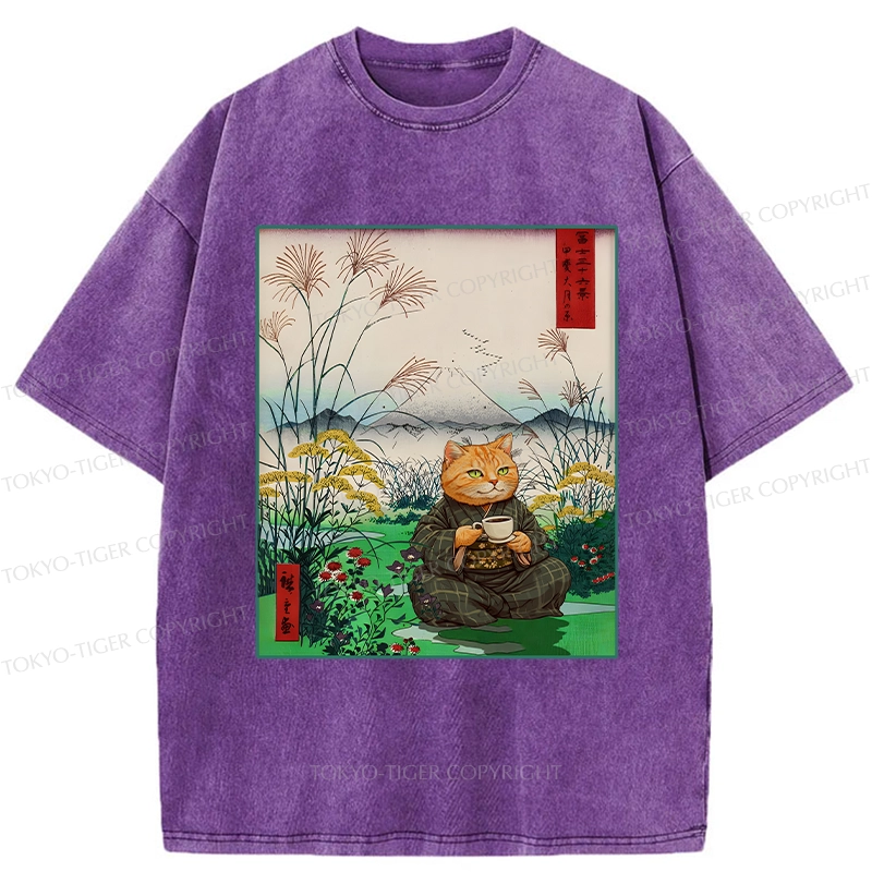 Tokyo-Tiger Cozy Cat Drinking Coffee Washed T-Shirt
