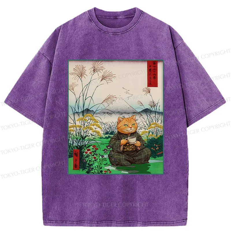 Tokyo-Tiger Cozy Cat Drinking Coffee Washed T-Shirt Sale
