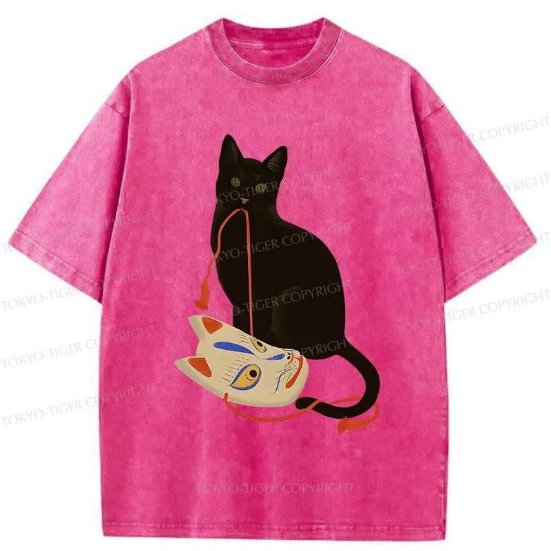 Tokyo-Tiger Cat Holding A Fox Mask Washed T-Shirt