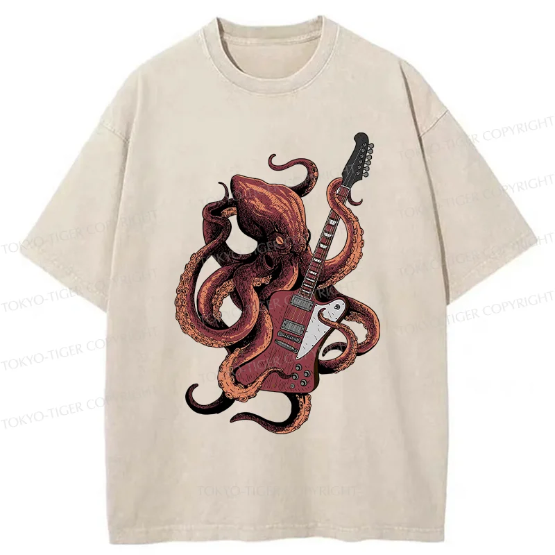 Tokyo-Tiger Octopus Playing Guitar Washed T-Shirt