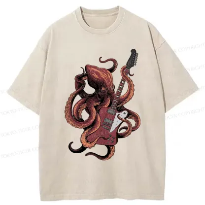 Tokyo-Tiger Octopus Playing Guitar Washed T-Shirt