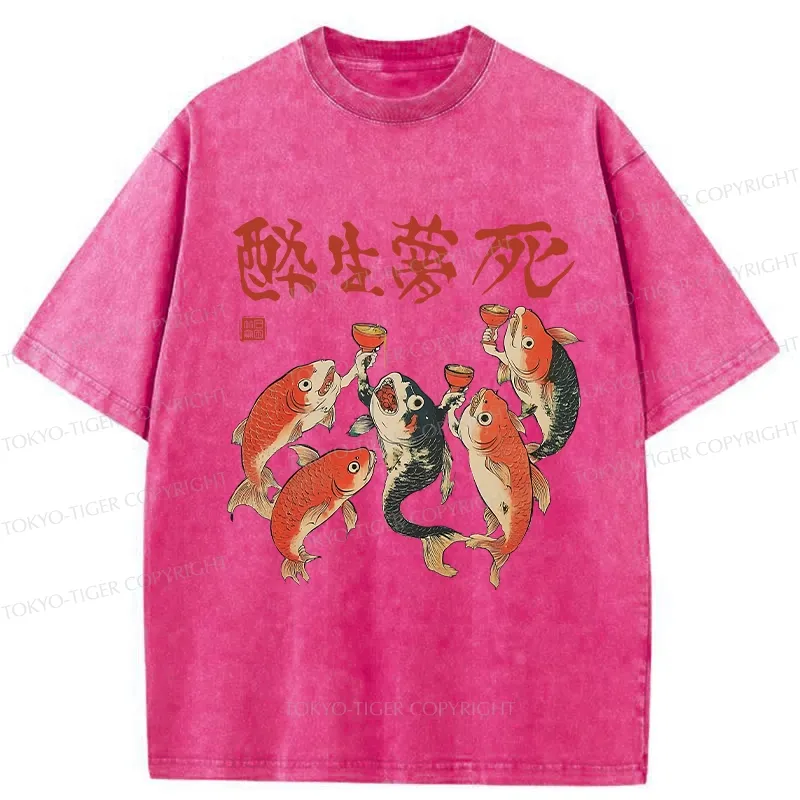 Tokyo-Tiger Funny Fish Drink Together Washed T-Shirt Sale