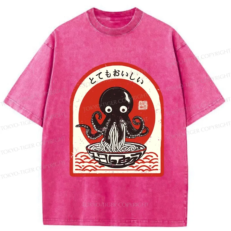 Tokyo-Tiger Ramen Lover Octopus Washed T-Shirt