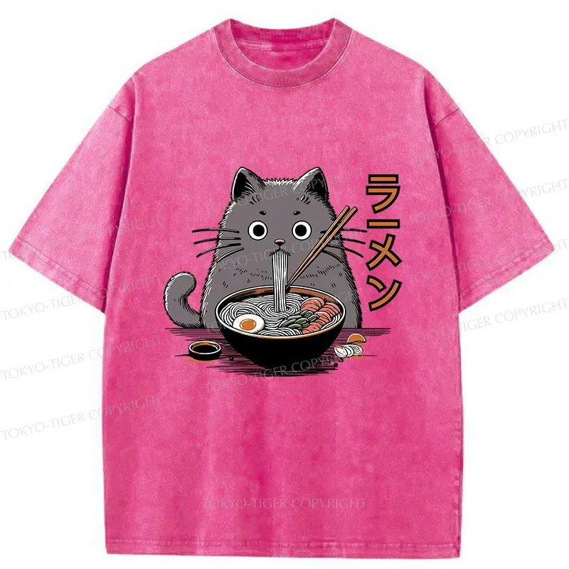 Tokyo-Tiger Kawaii Cat Ramen Washed T-Shirt