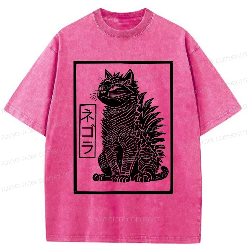 Tokyo-Tiger Fierce Catzilla Funny Washed T-Shirt