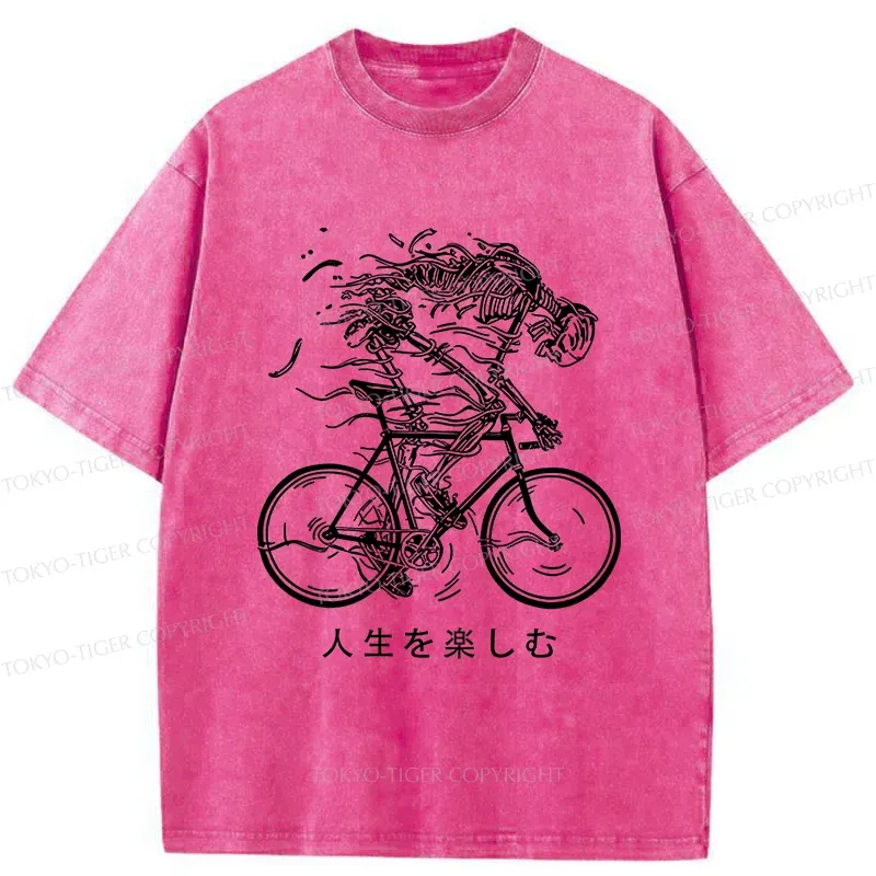Tokyo-Tiger Skeleton Riding A Bicycle Washed T-Shirt