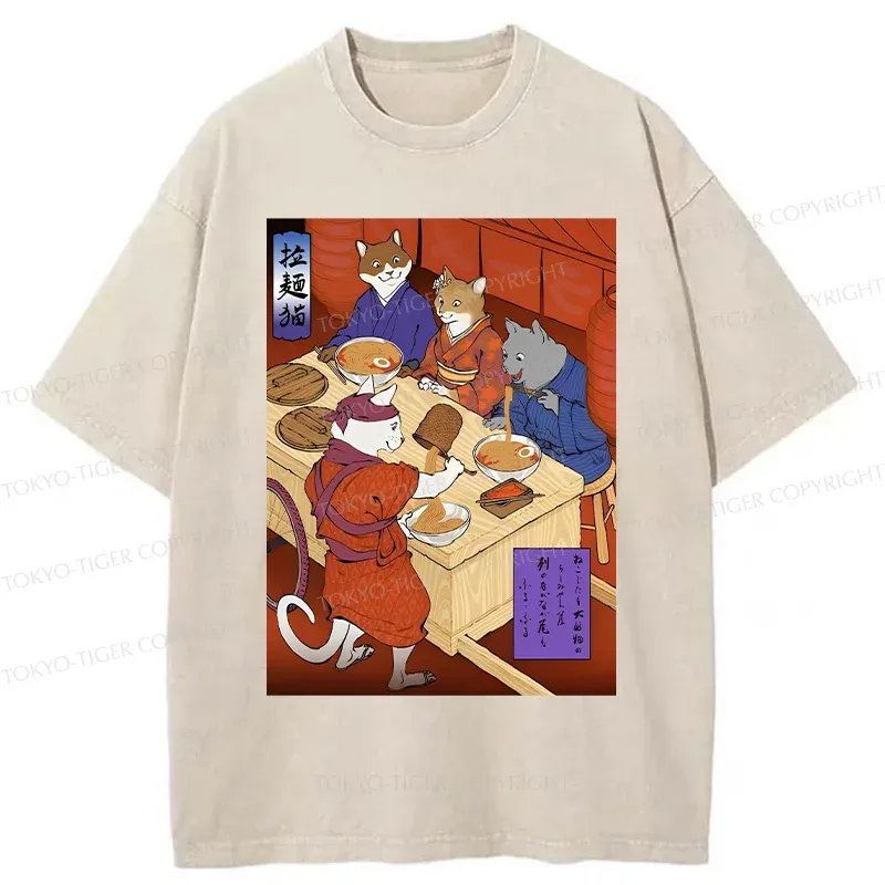 Tokyo-Tiger Cats At Dinner Party Washed T-Shirt