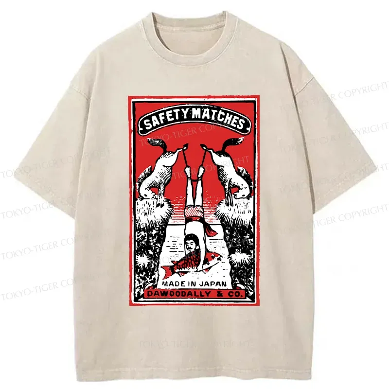 Tokyo-Tiger Catch Fish Funny Washed T-Shirt