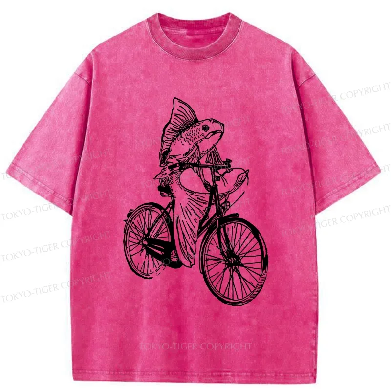 Tokyo-Tiger Funny Fish Riding A Bicycle Washed T-Shirt