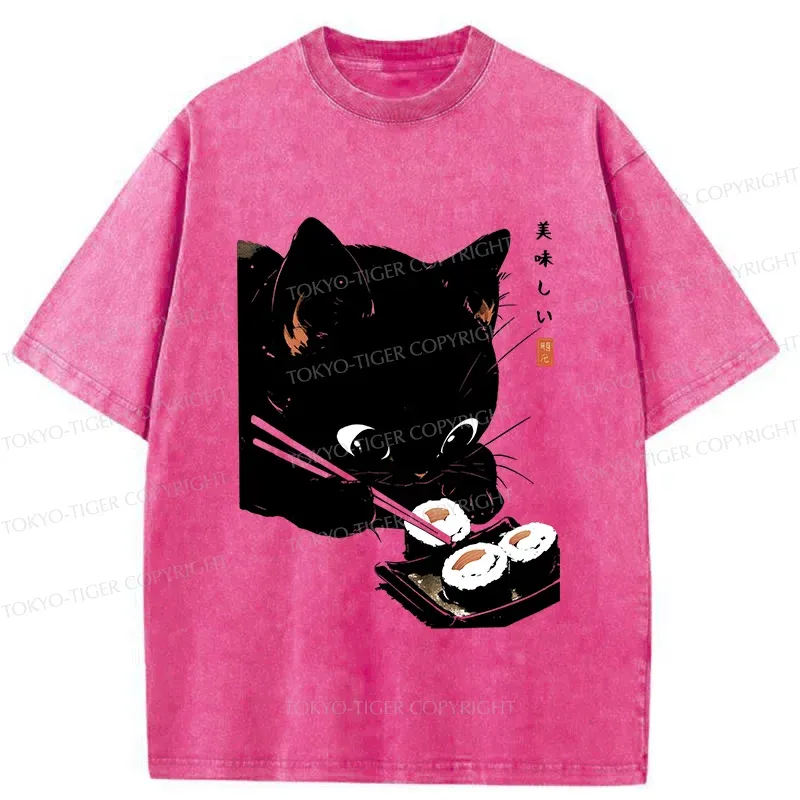 Tokyo-Tiger Cat Eating Rice Balls Washed T-Shirt