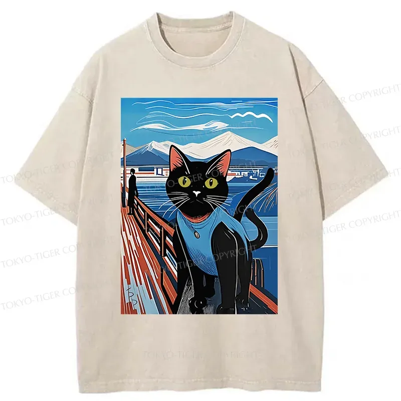 Tokyo-Tiger Cat On The Fence Washed T-Shirt