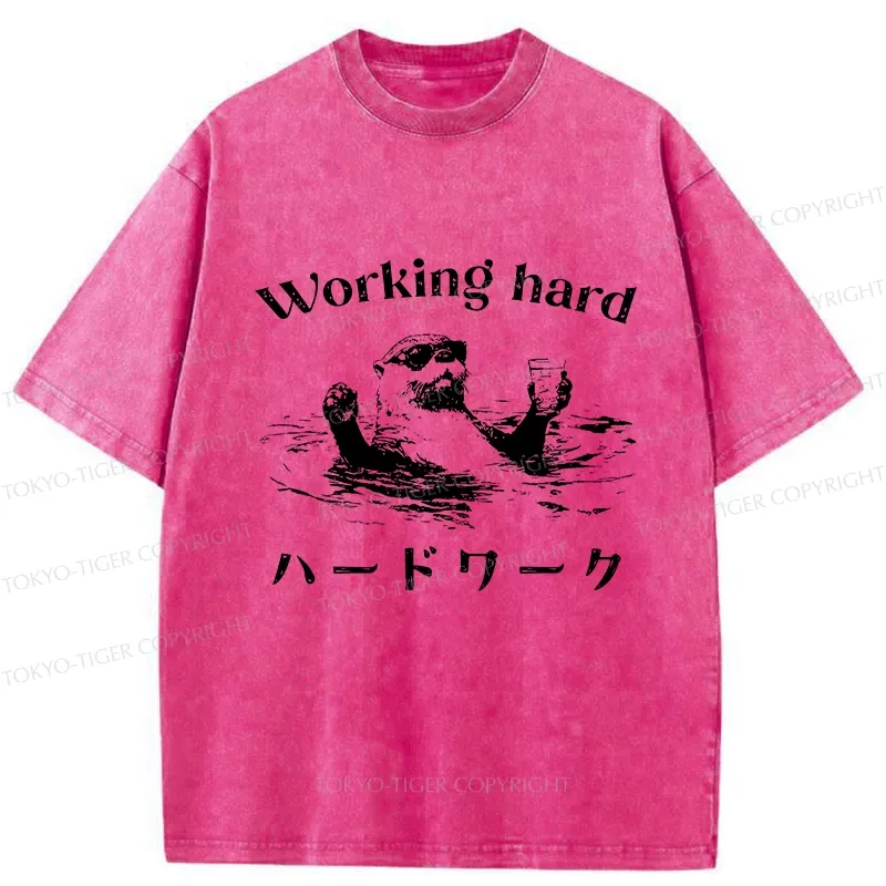 Tokyo-Tiger Funny Working Hard Otter Washed T-Shirt