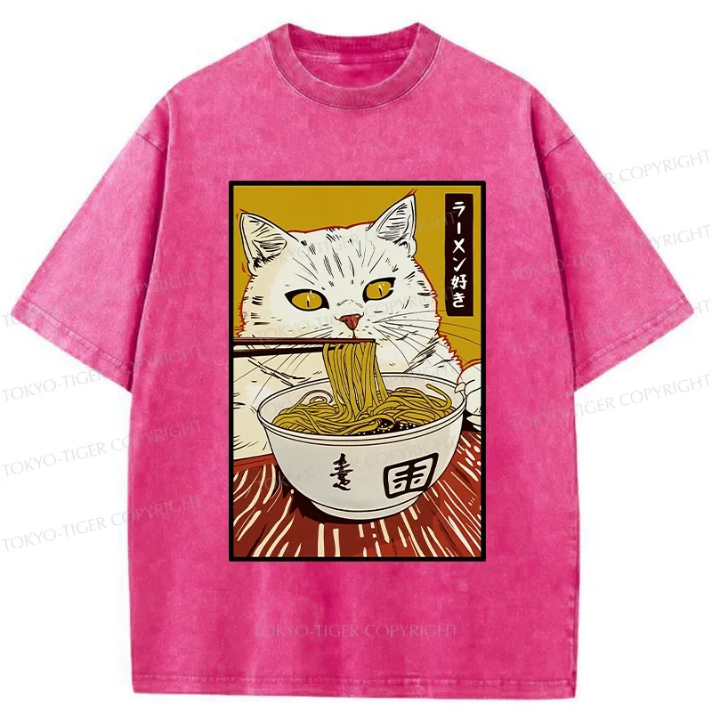 Tokyo-Tiger Cute Cat Ramen Lover Washed T-Shirt