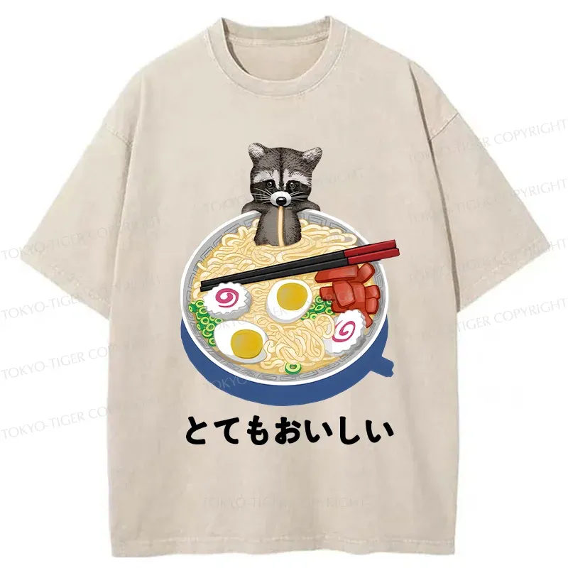 Tokyo-Tiger Raccoon Eating Ramen Washed T-Shirt